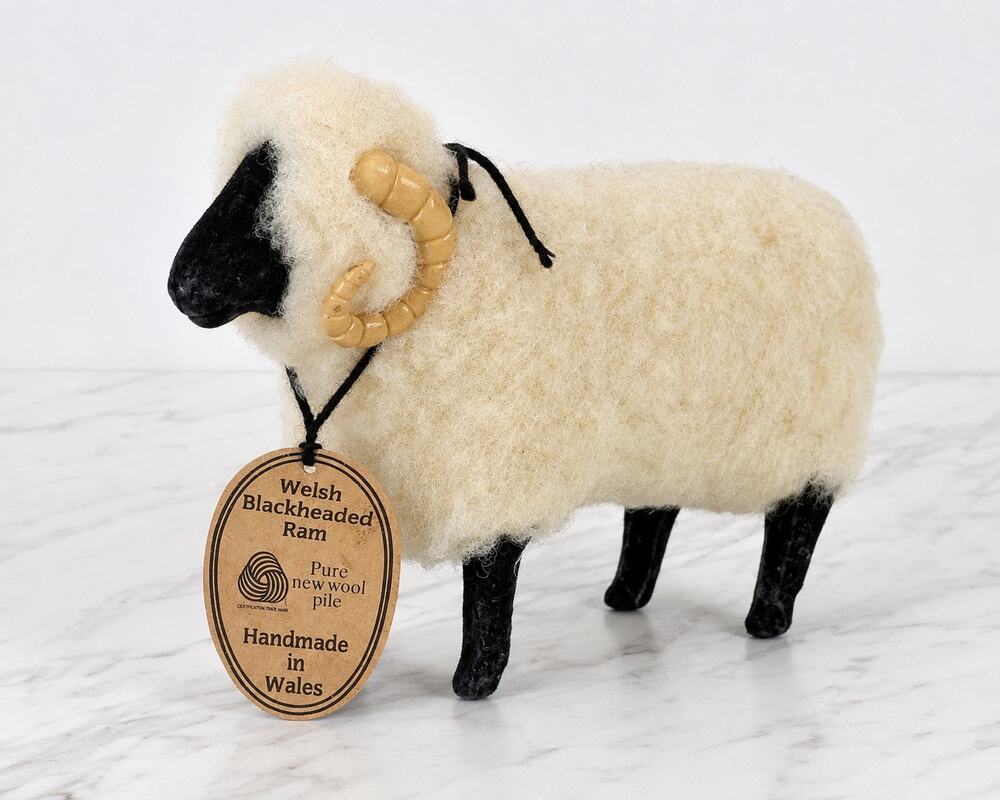 Vintage Welsh Black Headed Ram Sheep Wool Figurine Handmade Wales Original Tag